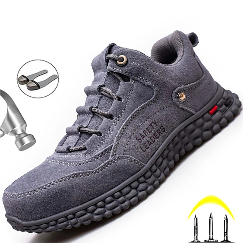 RuggedShield Leather Safety Boots: Steel Toe Work Shoes for Men - Genuine Leather Indestructible Sneakers, Lightweight Security Boots