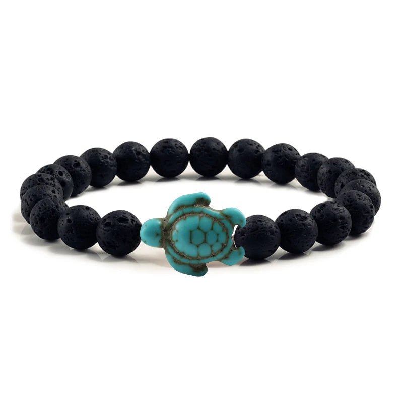 Summer Essence: Handmade Sea Turtle Beads Bracelet with Black Lava and Natural Stone, Trendy Charm Strand Elastic Bangles for Men and Women's Fashion Jewelry.