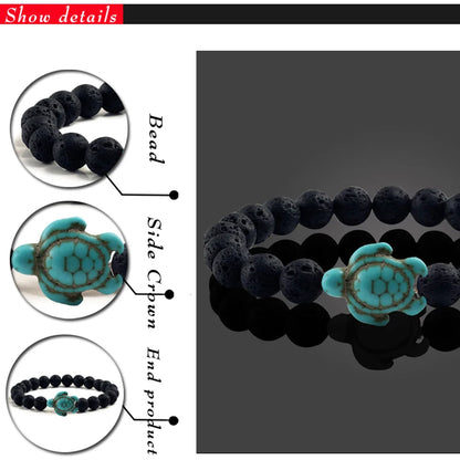 Summer Essence: Handmade Sea Turtle Beads Bracelet with Black Lava and Natural Stone, Trendy Charm Strand Elastic Bangles for Men and Women's Fashion Jewelry.