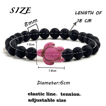 Summer Essence: Handmade Sea Turtle Beads Bracelet with Black Lava and Natural Stone, Trendy Charm Strand Elastic Bangles for Men and Women's Fashion Jewelry.