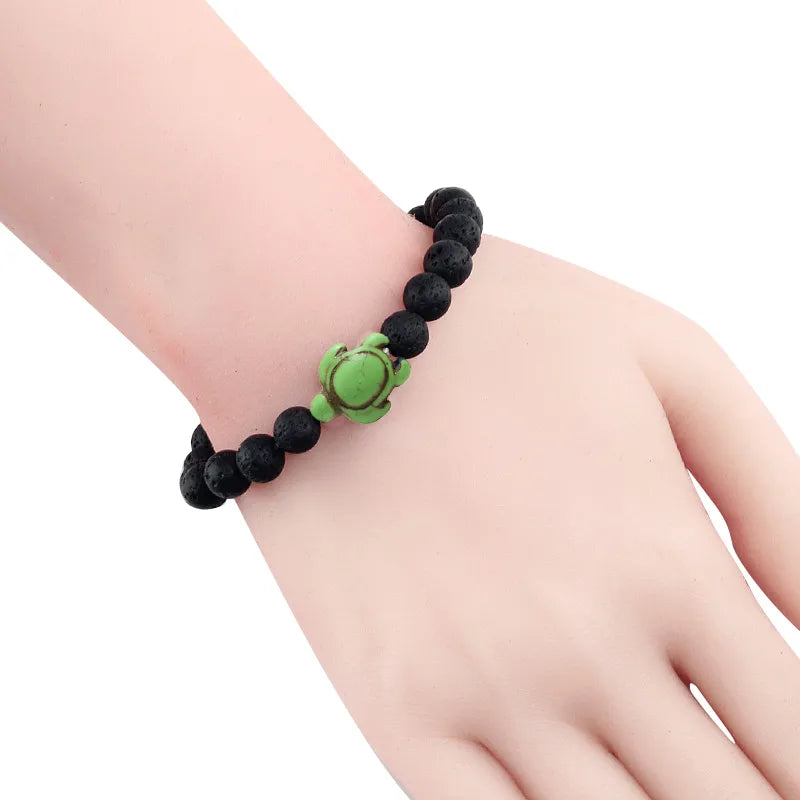 Summer Essence: Handmade Sea Turtle Beads Bracelet with Black Lava and Natural Stone, Trendy Charm Strand Elastic Bangles for Men and Women's Fashion Jewelry.