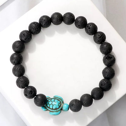 Summer Essence: Handmade Sea Turtle Beads Bracelet with Black Lava and Natural Stone, Trendy Charm Strand Elastic Bangles for Men and Women's Fashion Jewelry.