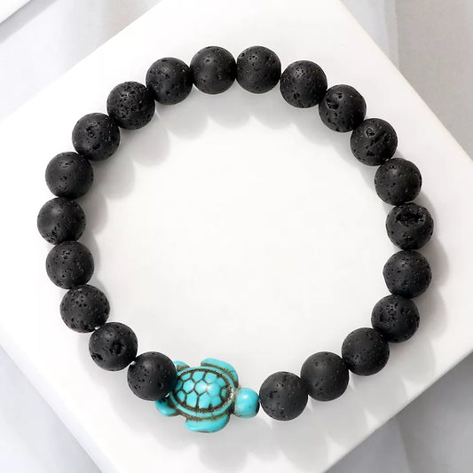 Summer Essence: Handmade Sea Turtle Beads Bracelet with Black Lava and Natural Stone, Trendy Charm Strand Elastic Bangles for Men and Women's Fashion Jewelry.