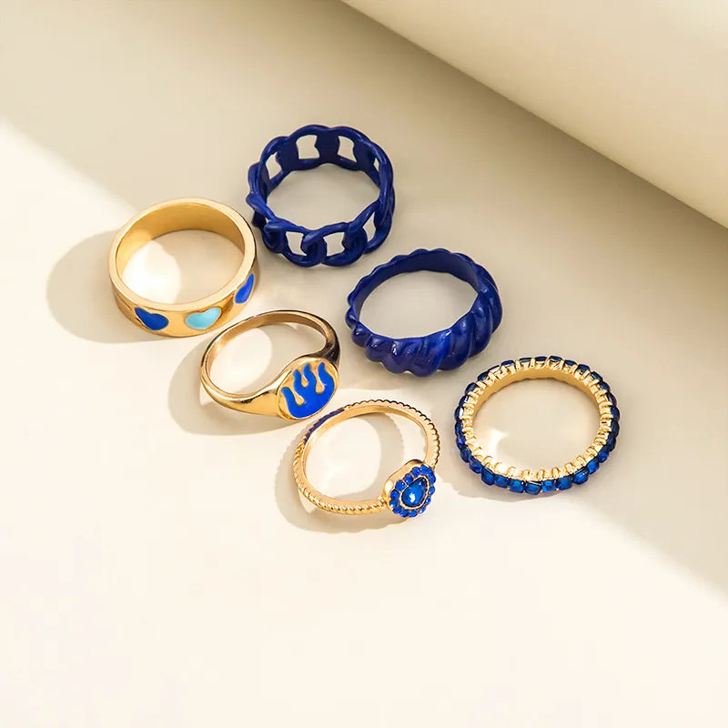 Elegant Blue Crystal Heart Knuckle Ring Set: Enamel Geometric Chain Shape Rings for Women - Unique Trendy Fashion Jewelry Collection