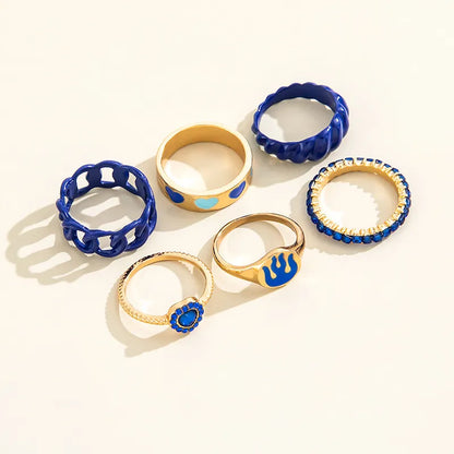 Elegant Blue Crystal Heart Knuckle Ring Set: Enamel Geometric Chain Shape Rings for Women - Unique Trendy Fashion Jewelry Collection