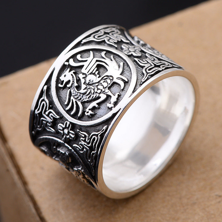 Thai Silver Vintage Index Finger Ring with Animal Patterns